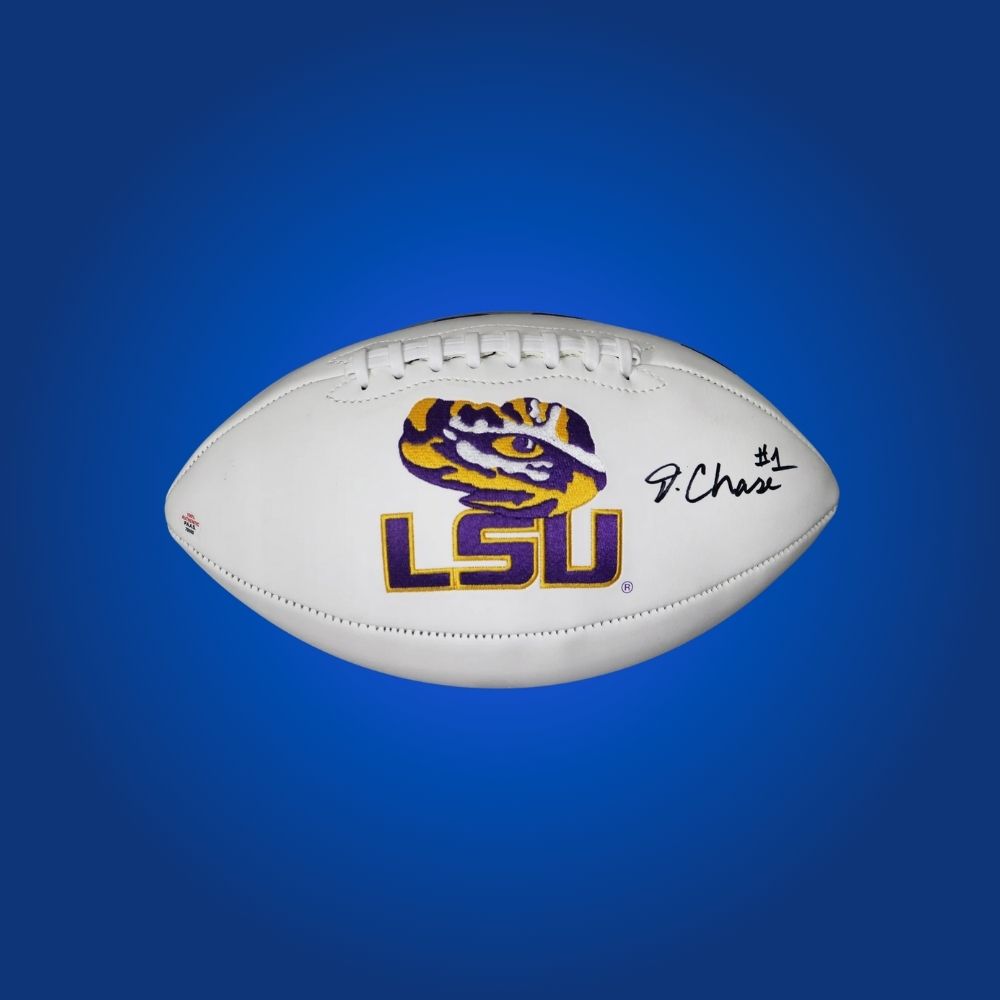 Ja'Marr Chase autographed LSU Tigers white logo football, standout memorabilia for LSU supporters and collectors.