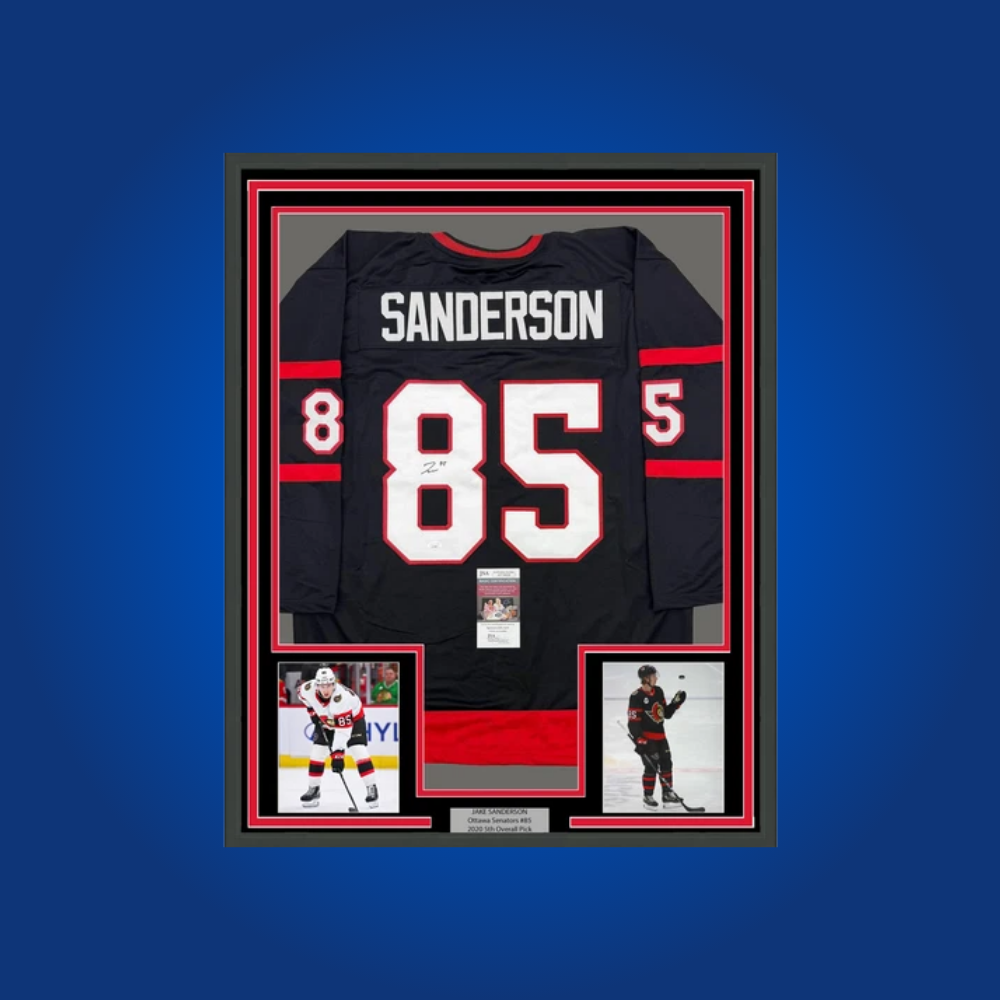 Jake Sanderson’s signed full framed Ottawa Senators black jersey is a standout piece for collectors, celebrating the emerging defenseman’s bright future in Ottawa.
