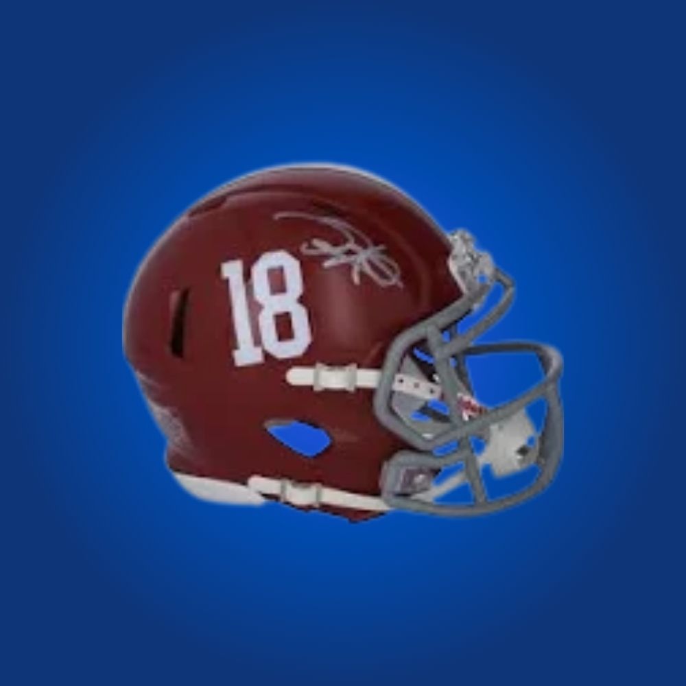 Autographed Alabama Crimson Tide mini helmet by Jalen Hurts, perfect for college football fans and collectors.