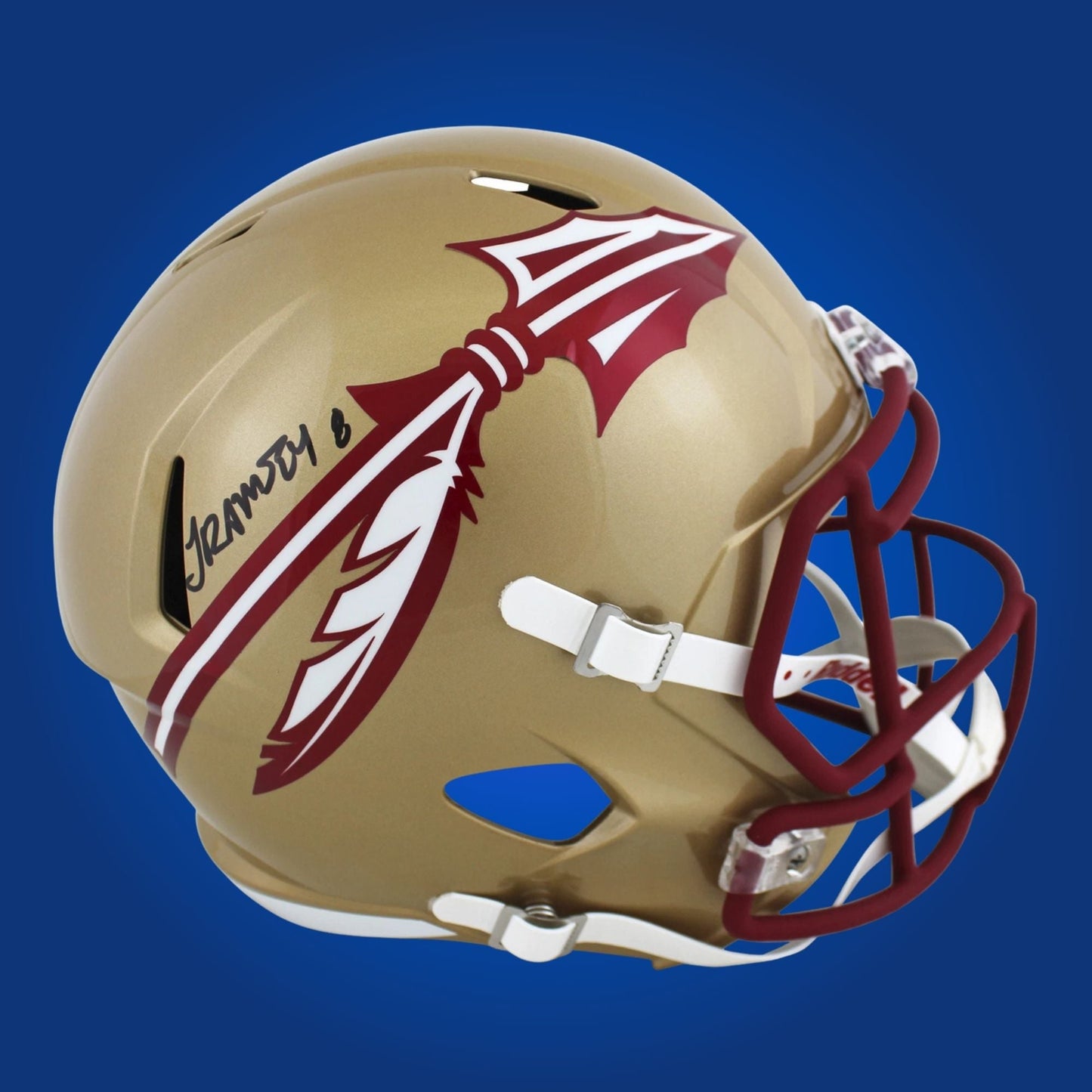 Autographed Florida State Seminoles full size replica helmet signed by Jalen Ramsey, displayed against a white background. SportsMarkets memorabilia image.