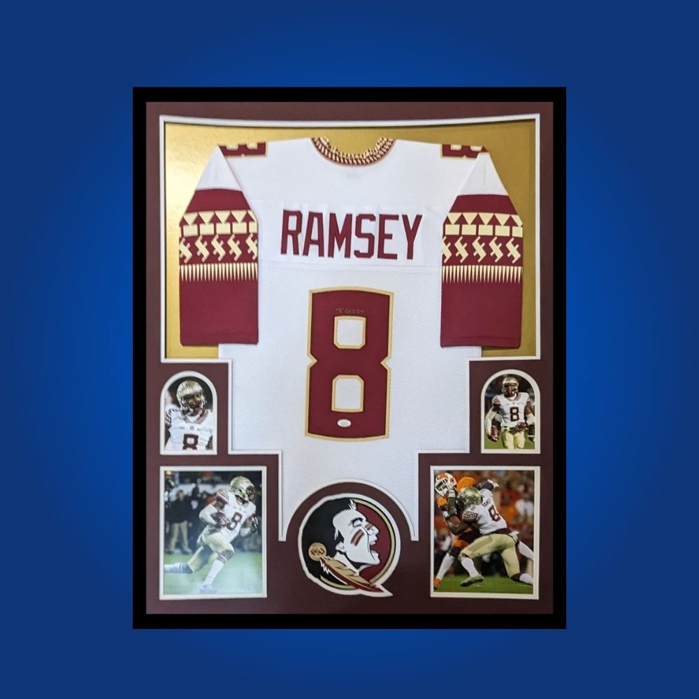 Jalen Ramsey Signed Full Framed Custom Florida St Seminoles Jersey – autographed memorabilia, elite defensive back collectible, essential for Seminoles collectors.