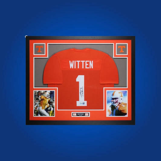 Jason Witten Signed Full Framed Custom Tennessee Volunteers Jersey – autographed memorabilia, Pro Bowl tight end collectible, perfect for Volunteers fans.
