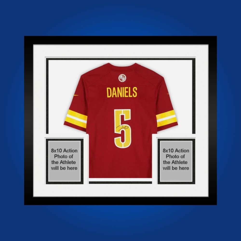 Framed Washington Commanders jersey signed by Jayden Daniels with Certificate of Authenticity.