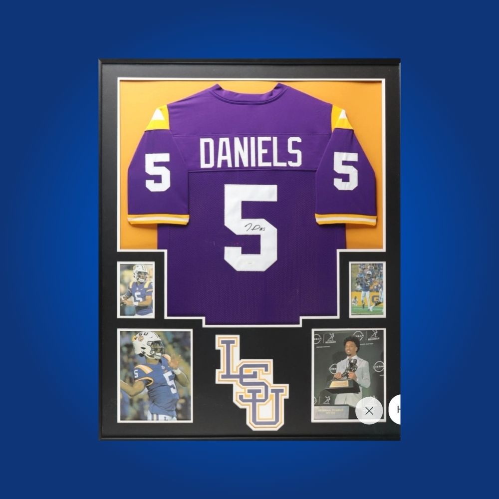 Jayden Daniels Signed Full Framed Custom LSU Tigers Jersey – autographed memorabilia, Heisman-winning quarterback collectible, essential for Tigers fans.