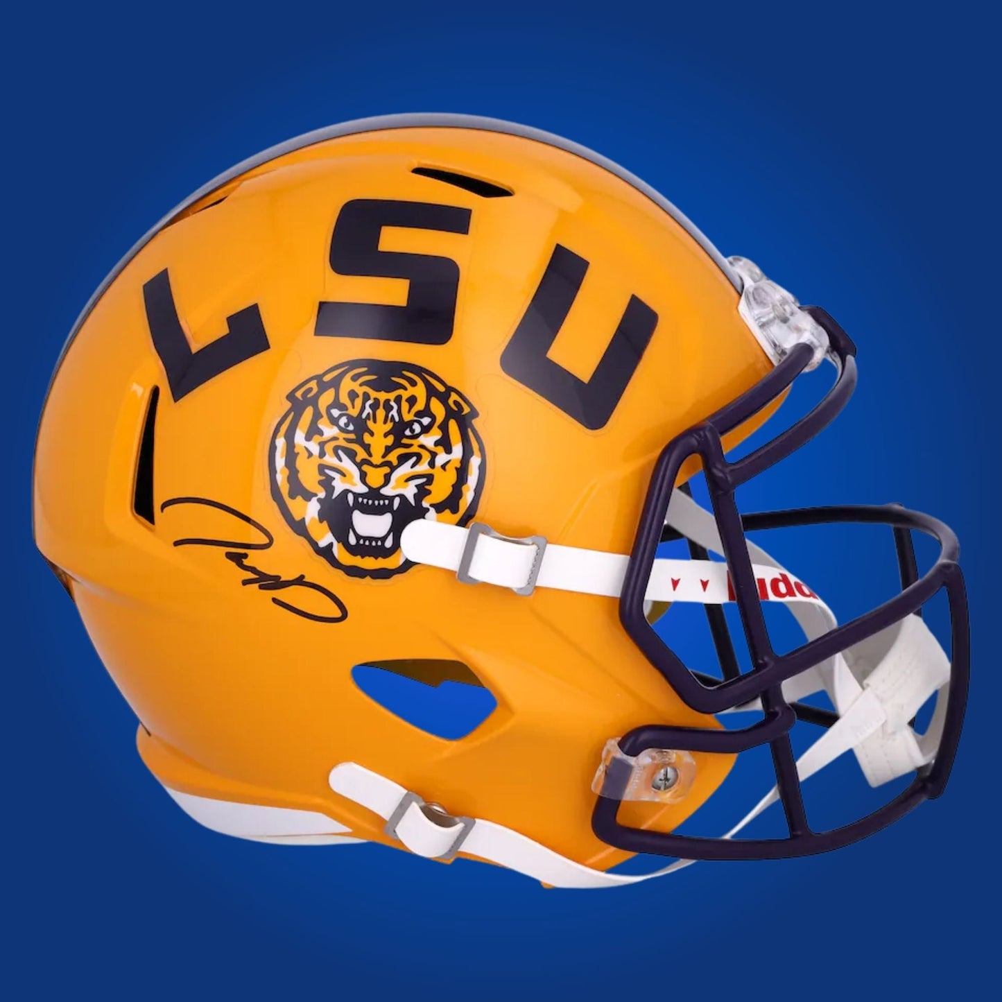 Autographed LSU Tigers full size replica helmet signed by Jayden Daniels, shown on a white background. SportsMarkets exclusive memorabilia image.