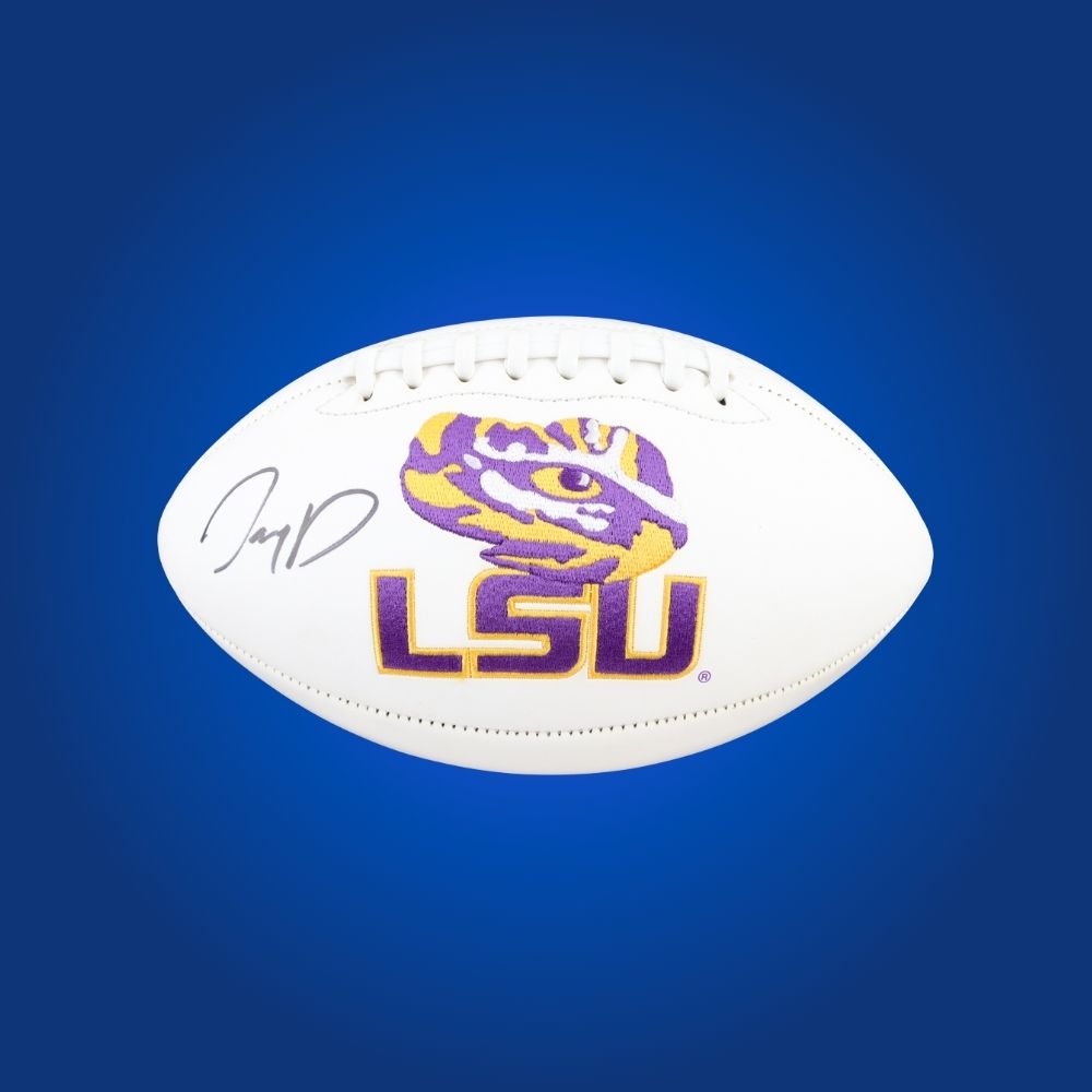Jayden Daniels autographed LSU Tigers white logo football, premium collectible for dedicated LSU fans and memorabilia enthusiasts.