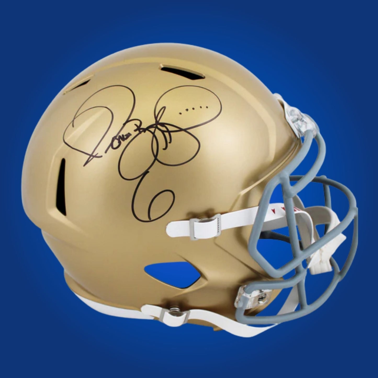 Autographed Notre Dame Fighting Irish full size replica helmet signed by Jerome Bettis, photographed on a white background. SportsMarkets product image.
