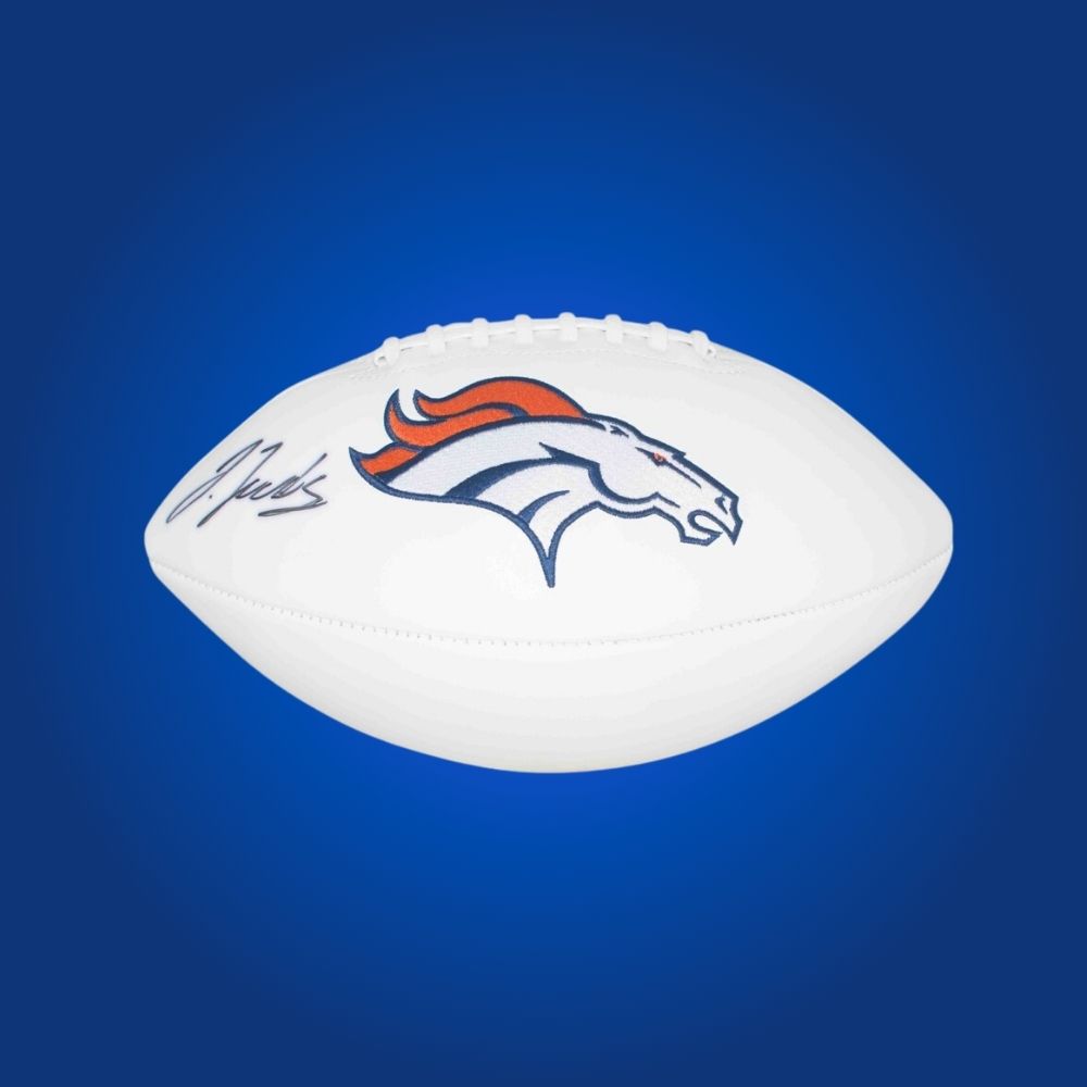 Jerry Jeudy signed Denver Broncos logo football, a standout collectible for Denver fans, certified authentic and ready for display.