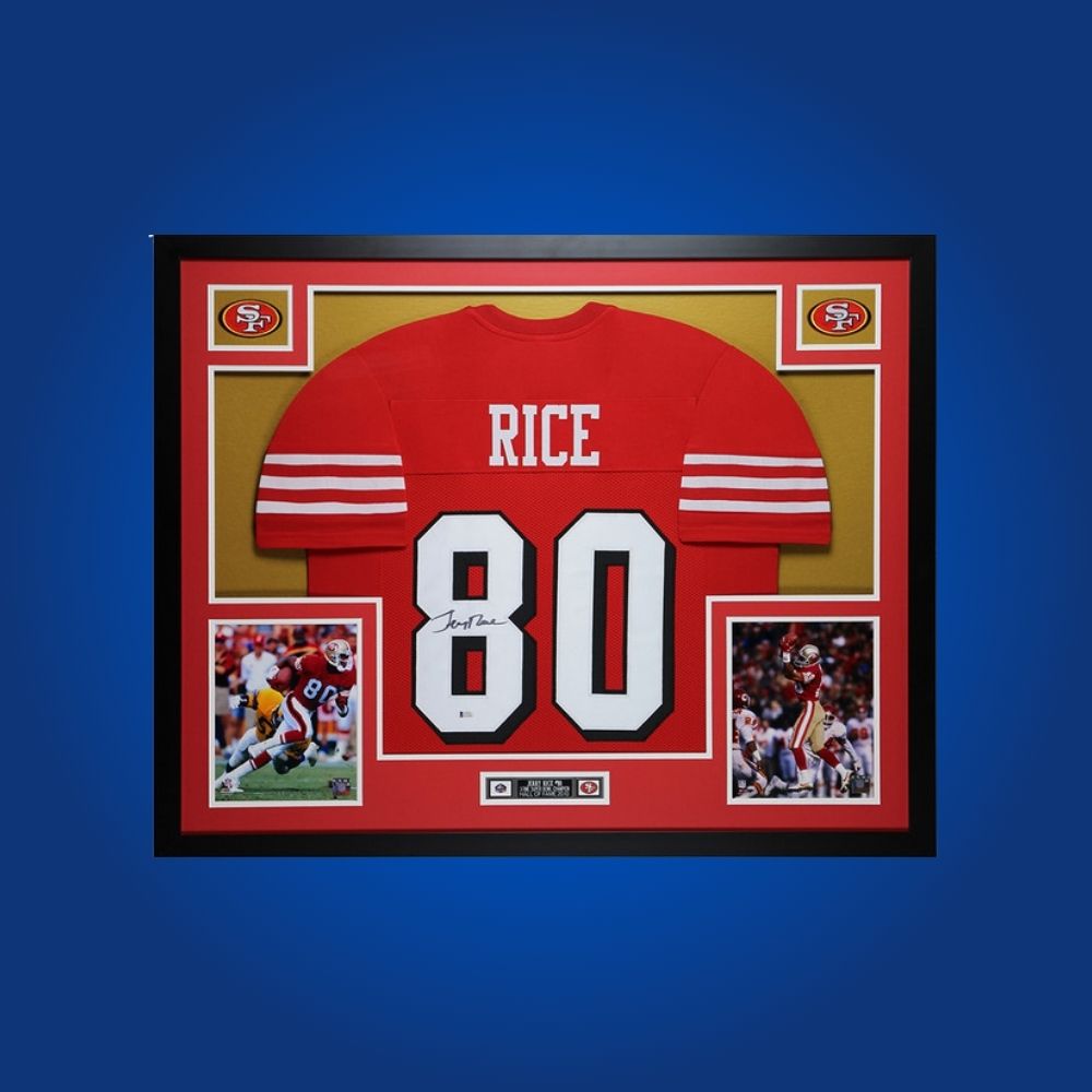 Autographed San Francisco 49ers custom jersey by Jerry Rice with Certificate of Authenticity.