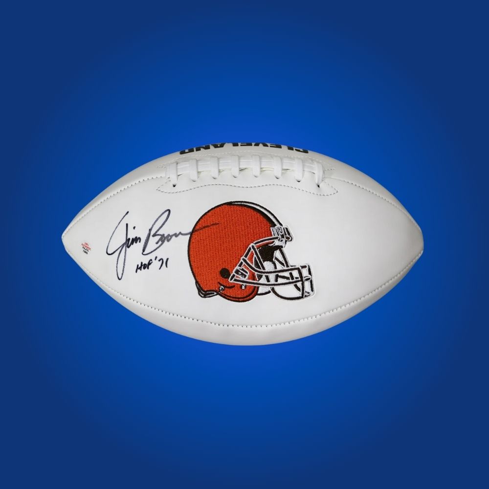 Jim Brown autographed Cleveland Browns logo football, a prized piece for any collection, authenticated and ideal for honoring a legend.