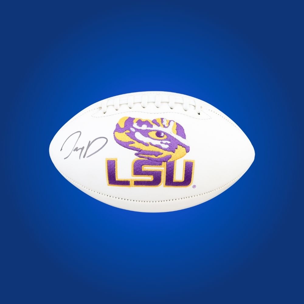 Joe Burrow autographed LSU Tigers white logo football, exclusive collectible for LSU fans and memorabilia enthusiasts.