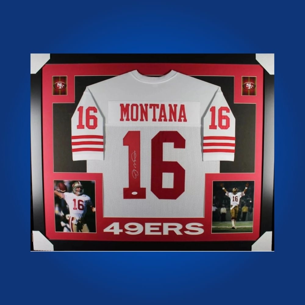 Framed San Francisco 49ers jersey signed by Joe Montana with action photos and Certificate of Authenticity