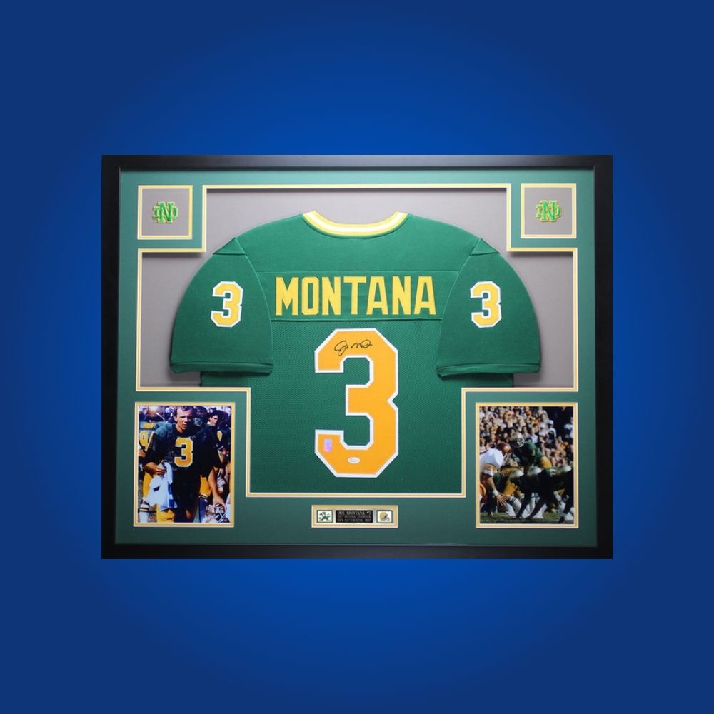 Joe Montana Signed Full Framed Custom Notre Dame Fighting Irish Jersey – autographed memorabilia, legendary quarterback collectible, centerpiece for Notre Dame fans.