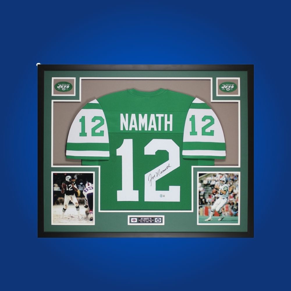 Autographed New York Jets custom jersey by Joe Namath with Certificate of Authenticity.