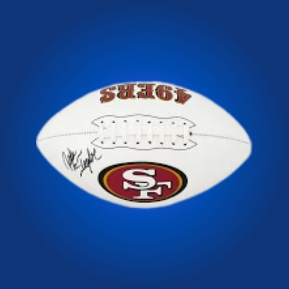 John Taylor signed 49ers logo football, displaying two-time Super Bowl champion’s signature and team branding.
