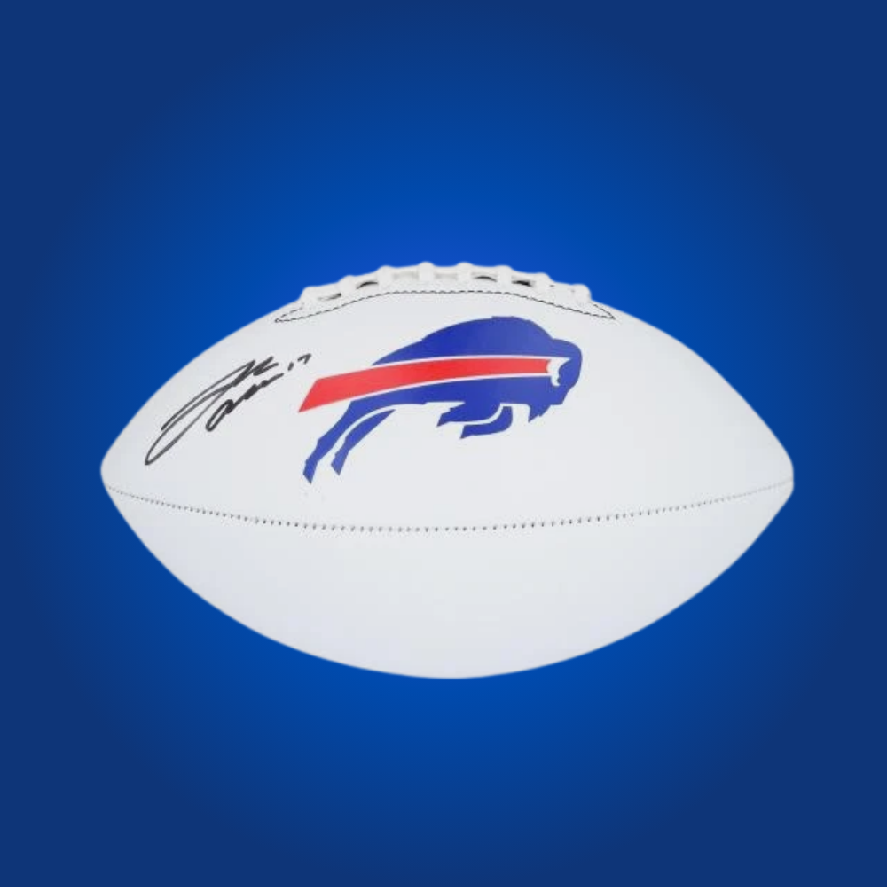 Josh Allen signed Buffalo Bills logo football with an authentic autograph, ideal for NFL fans and Buffalo Bills supporters.