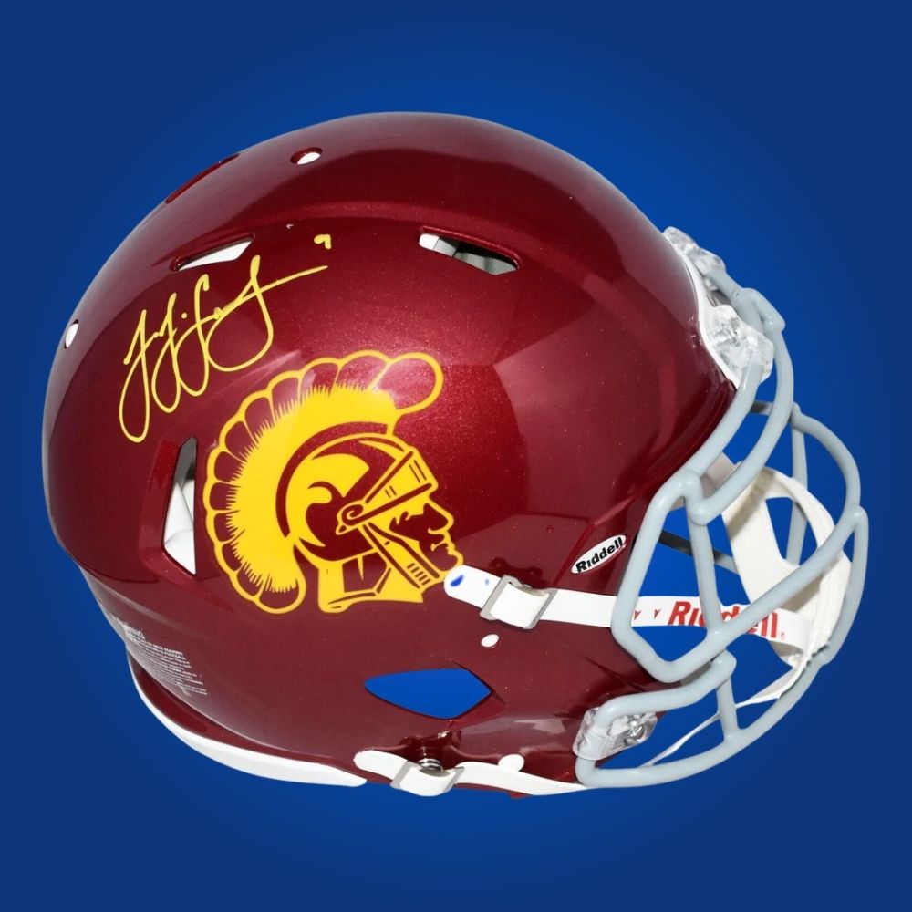Autographed full size Authentic Helmet by JuJu Smith-Schuster, dynamic USC Trojans wide receiver and NFL standout, presented against a white background for a professional display. An excellent collectible for USC fans. SportsMarkets product image.