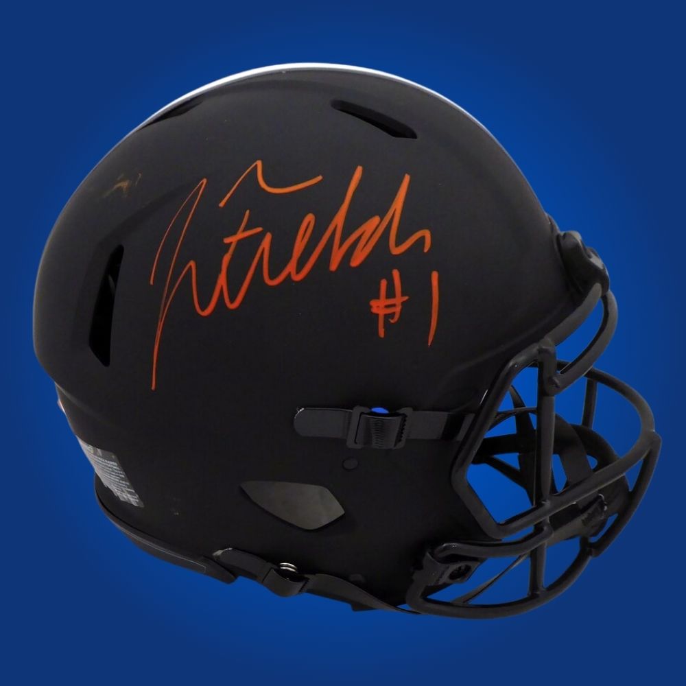 Autographed Ohio State Buckeyes full size Authentic Helmet signed by Justin Fields, showcased on a white background. SportsMarkets product photo.