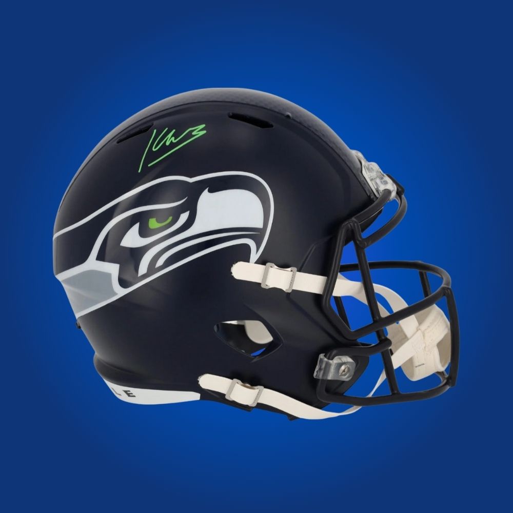 Kenneth Walker hand-signed blue replica Seattle Seahawks helmet, showcasing signature and official team graphics. A unique collectible for Seahawks fans and Walker memorabilia collectors. Includes Certificate of Authenticity. Images may differ for catalog uniformity.
