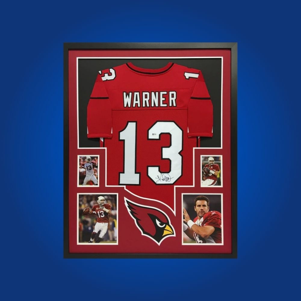 Autographed Arizona Cardinals custom jersey by Kurt Warner with Certificate of Authenticity.
