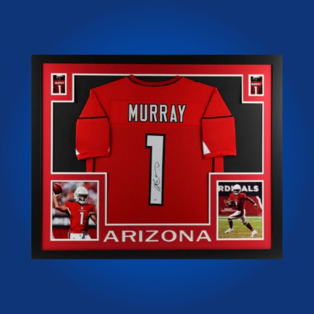 Framed Arizona Cardinals jersey signed by Kyler Murray with action photos and Certificate of Authenticity.