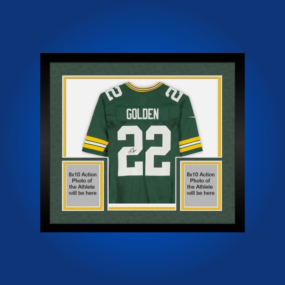 Framed custom Packers jersey signed by Matthew Golden, accompanied by two framed photos and COA.