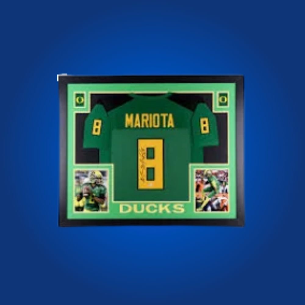 Marcus Mariota Signed Full Framed Custom Oregon Ducks Jersey – autographed memorabilia, Heisman-winning quarterback collectible, must-have for Oregon supporters.