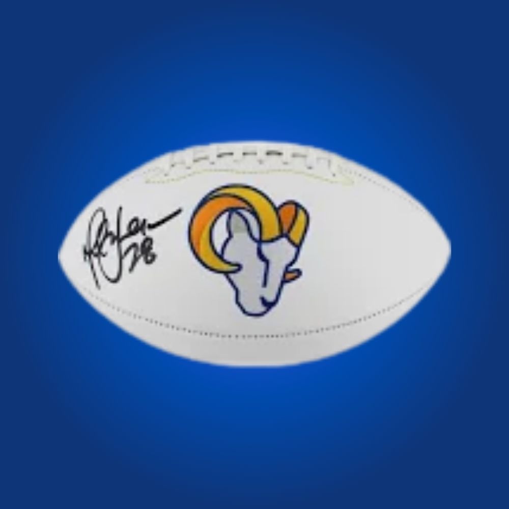 Marshall Faulk signed Los Angeles Rams logo football, a legendary collectible for Rams fans, authenticated for peace of mind.