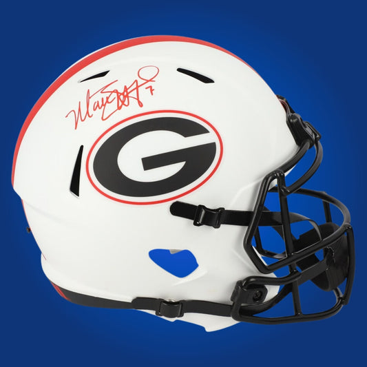 Autographed Georgia Bulldogs full size replica helmet signed by Matthew Stafford, featured on a white backdrop. SportsMarkets exclusive product image.