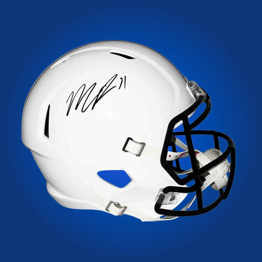 Autographed Penn State Nittany Lions full size replica helmet signed by Micah Parsons, shown on a white background. SportsMarkets official product image.