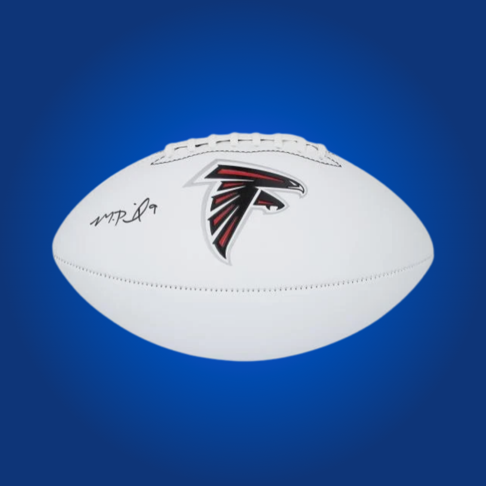 Michael Penix signed Atlanta Falcons logo football with his autograph, great for Falcons fans and football collectors.