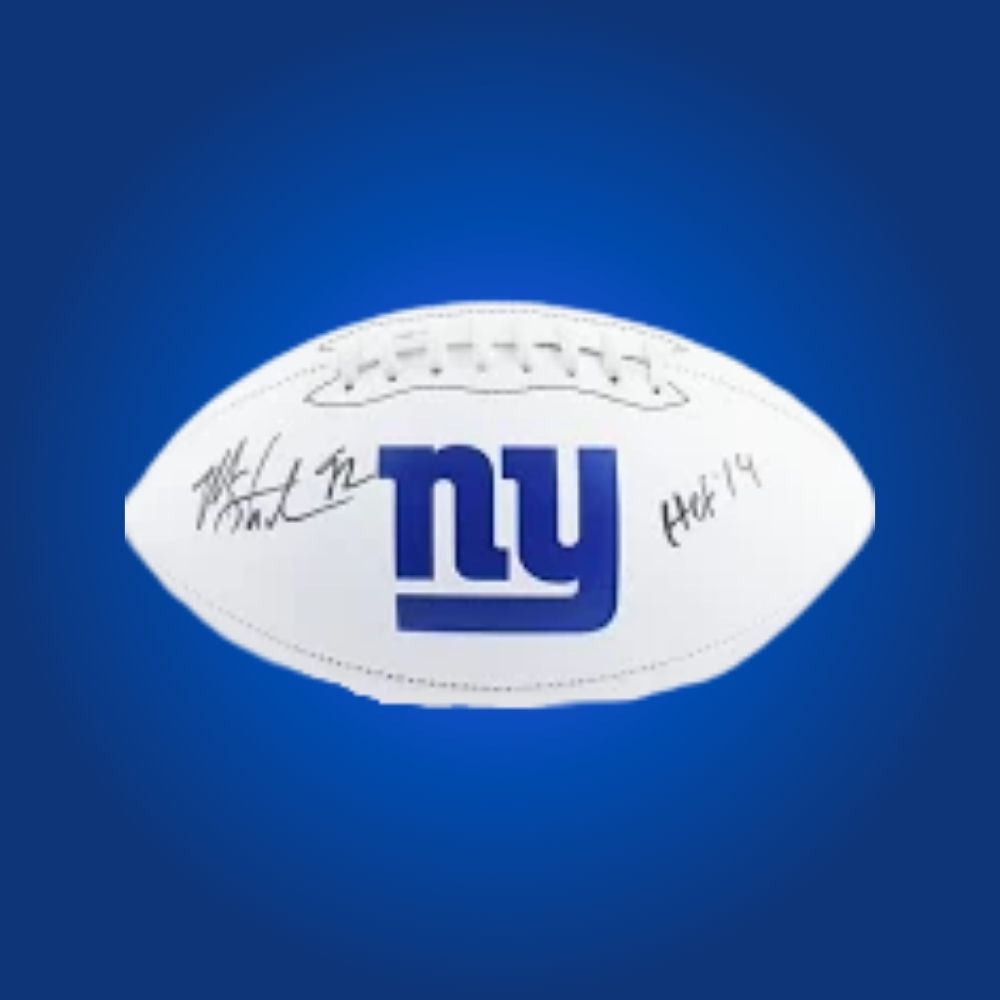 Michael Strahan-signed New York Giants logo football, featuring clear signature and team emblem.