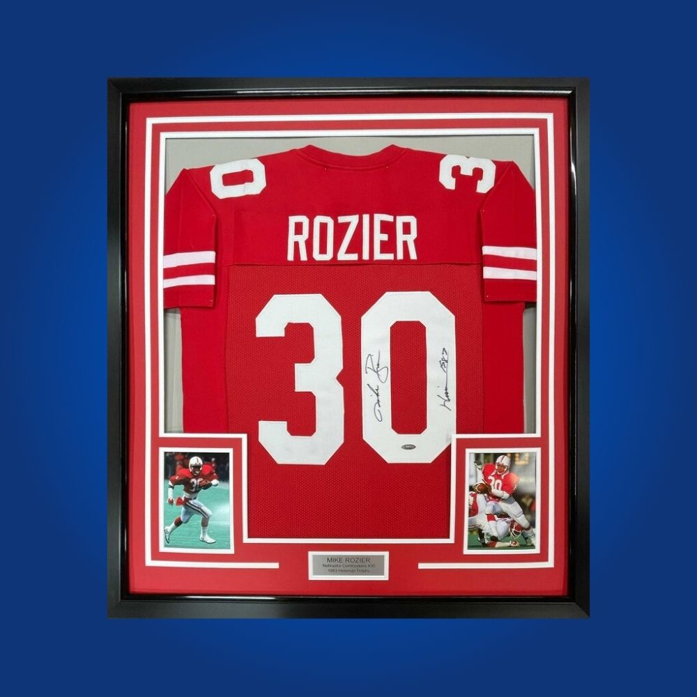 Mike Rozier Signed Full Framed Custom Wisconsin Badgers Jersey – autographed memorabilia, Heisman-winning running back collectible, perfect for Wisconsin enthusiasts.