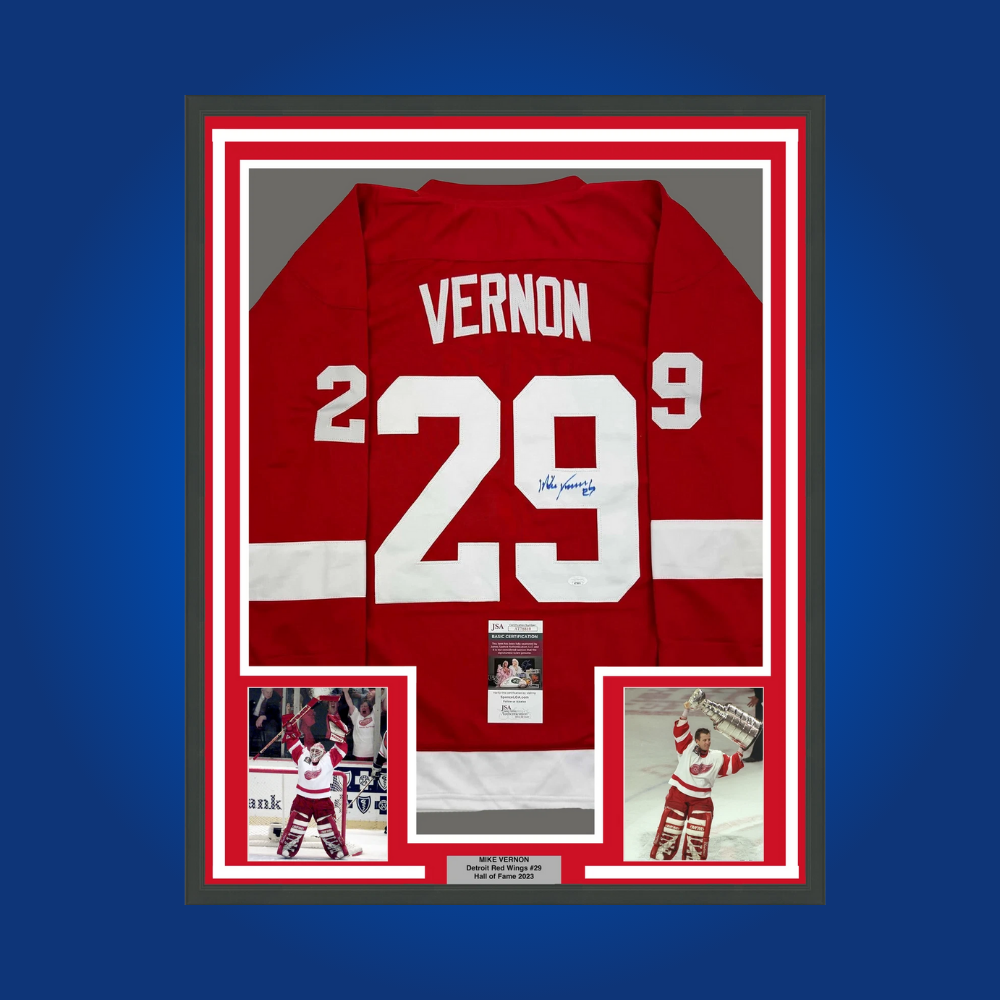 Mike Vernon’s signed and framed Detroit Red Wings jersey is a distinguished collectible, honoring the goaltender’s championship pedigree and memorable years in Detroit.