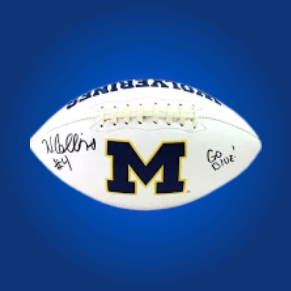 Nico Collins autographed Michigan Wolverines white logo football, excellent collectible for Michigan fans and memorabilia collectors.