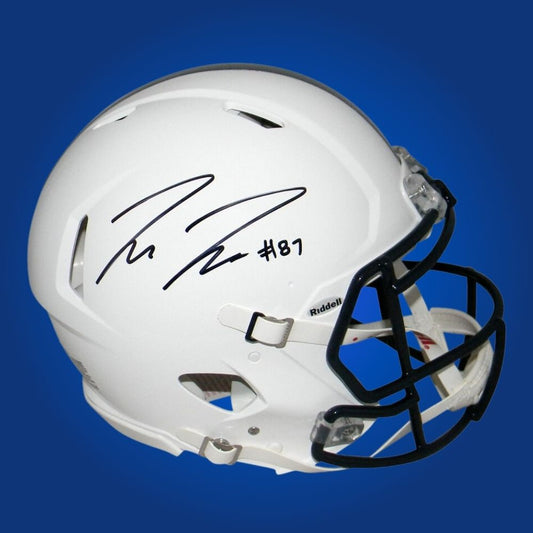 Autographed Penn State Nittany Lions full size Authentic Helmet signed by Pat Freiermuth, presented on a white background. SportsMarkets collectible merchandise image.