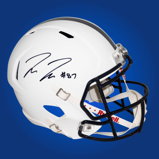 Autographed Penn State Nittany Lions full size replica helmet signed by Pat Freiermuth, presented on a white background. SportsMarkets collectible merchandise image.