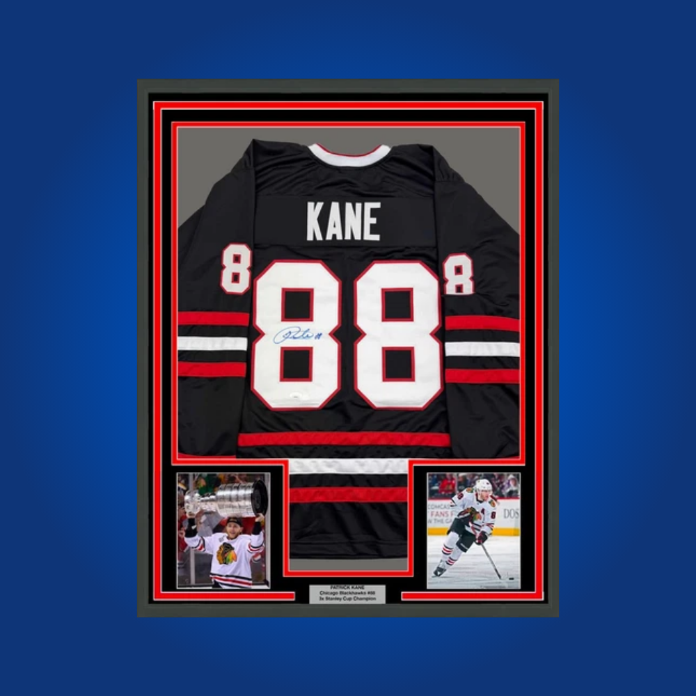 Patrick Kane’s full framed Chicago Blackhawks black jersey, signed and authenticated, is an iconic piece for collectors, honoring one of the franchise’s most celebrated players.