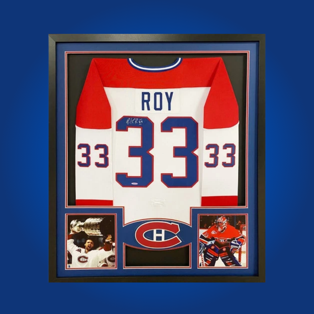 Patrick Roy’s full framed Montreal Canadiens white jersey, signed and authenticated, is a centerpiece for any collection, celebrating one of the greatest goaltenders in NHL history.