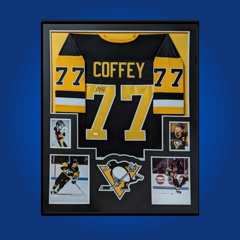 Paul Coffey’s autographed full framed Pittsburgh Penguins black jersey is a prized collectible, honoring the Hall of Fame defenseman’s dynamic play and Stanley Cup success in Pittsburgh.