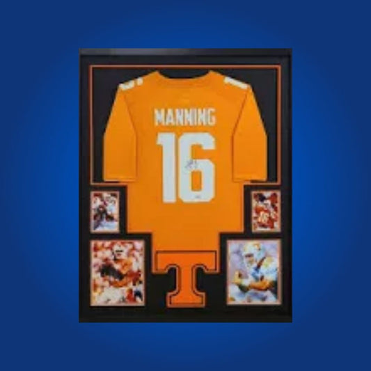 Peyton Manning Signed Full Framed Custom Tennessee Volunteers Jersey – autographed memorabilia, Hall of Fame quarterback collectible, centerpiece for Tennessee enthusiasts.