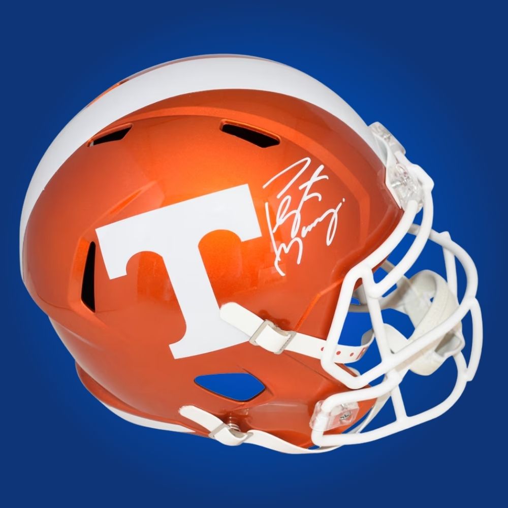 Autographed Tennessee Volunteers full size Authentic Helmet signed by Peyton Manning, showcased on a white background for product clarity. SportsMarkets exclusive memorabilia photo.