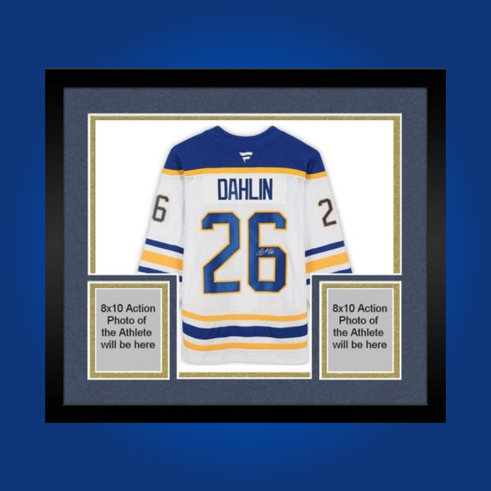 Rasmus Dahlin’s full framed Buffalo Sabres blue jersey, personally autographed, is a standout addition for collectors. Capture the excitement of a rising star’s impact on the franchise.