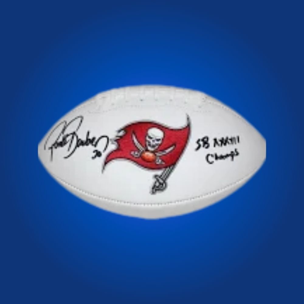 Ronde Barber signed Buccaneers logo football, showcasing legendary cornerback’s signature and team logo.