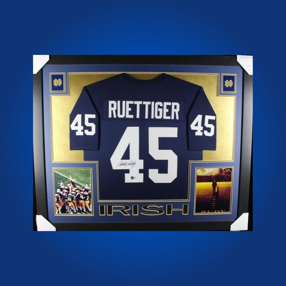 Rudy Ruettiger Signed Full Framed Custom Notre Dame Fighting Irish Jersey – autographed memorabilia, inspirational underdog collectible, iconic for Fighting Irish fans.
