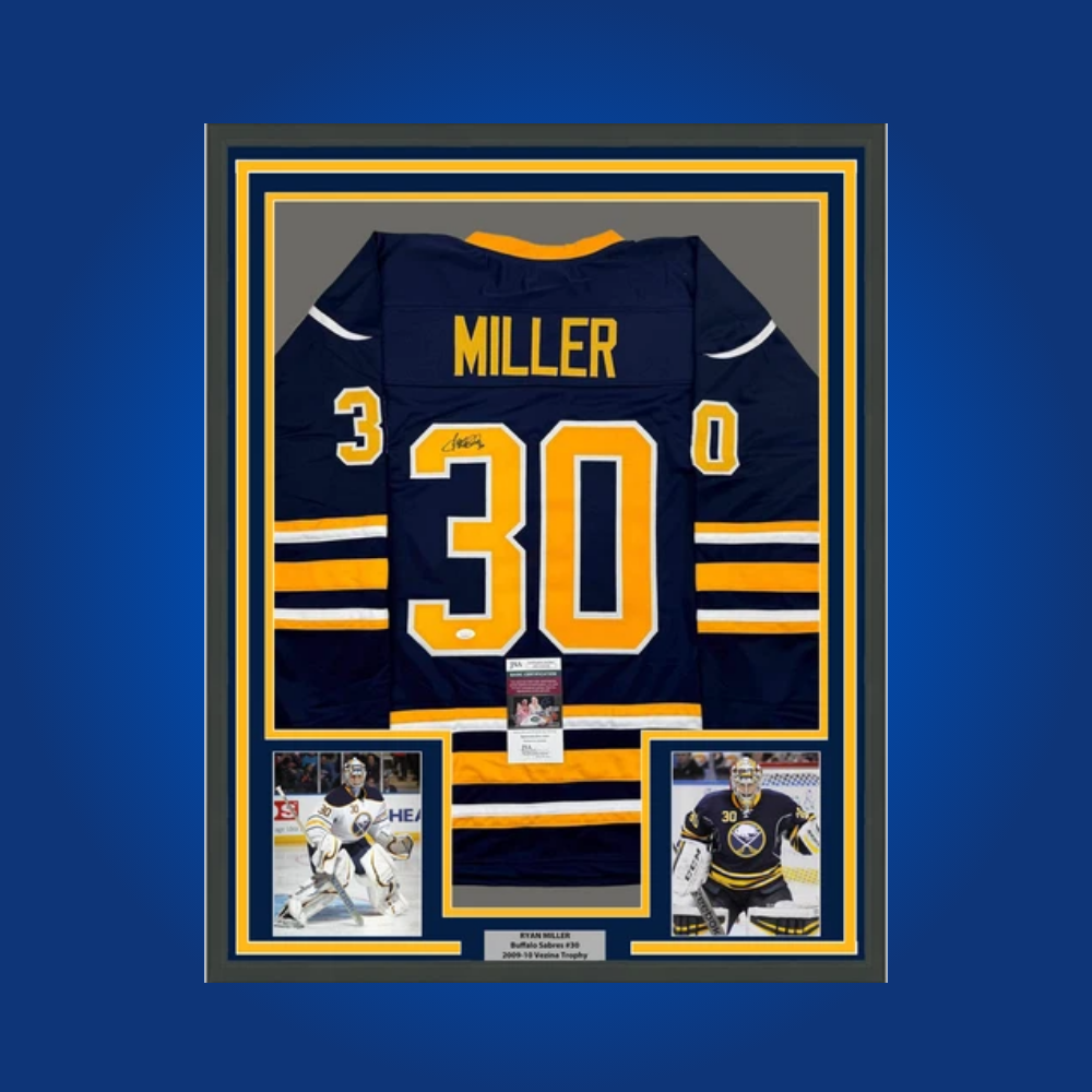 Ryan Miller’s signed full framed navy blue Buffalo Sabres jersey is a tribute to one of the franchise’s most beloved goalies, perfect for fans commemorating Miller’s outstanding career.