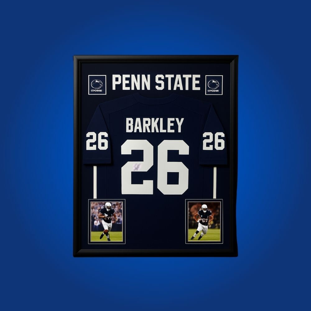 Saquon Barkley Signed Full Framed Custom Penn State Nittany Lions Jersey – autographed memorabilia, star running back collectible, essential for Nittany Lions fans.