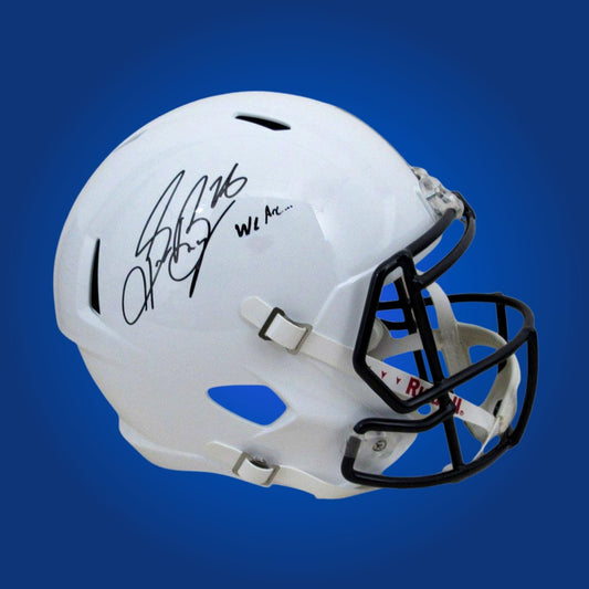 Autographed Penn State Nittany Lions full size replica helmet signed by Saquon Barkley, displayed on a white background. SportsMarkets exclusive memorabilia photo.