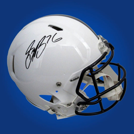 Autographed Penn State Nittany Lions full size Authentic Helmet signed by Saquon Barkley, displayed on a white background. SportsMarkets exclusive memorabilia photo.