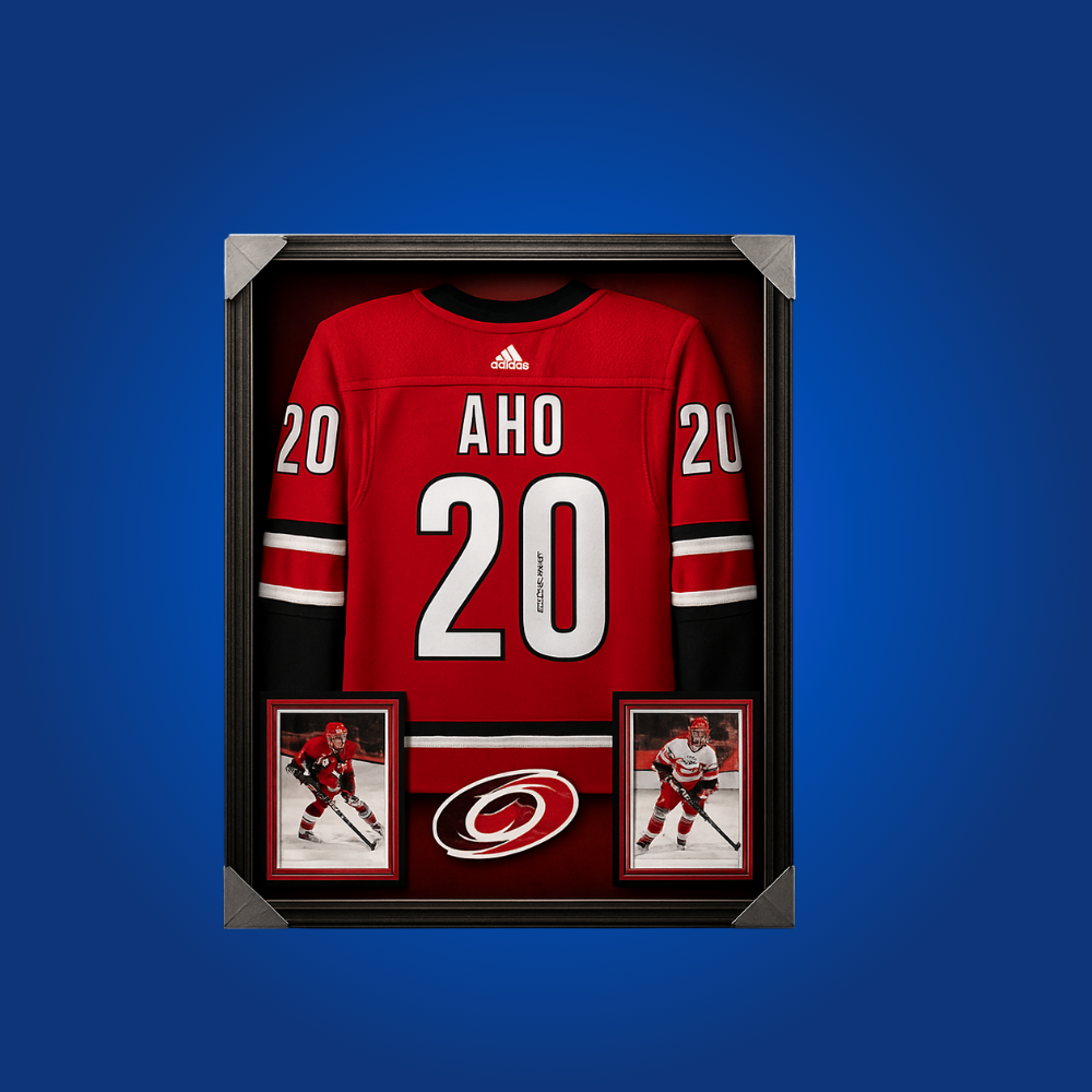 Sebastian Aho’s full framed Carolina Hurricanes red jersey, personally autographed, is a must-have for fans, celebrating the skill and leadership of this franchise cornerstone.